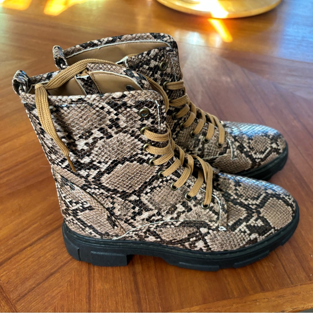 BAMBOO Brown Snake Print Combat Boots (these run large)